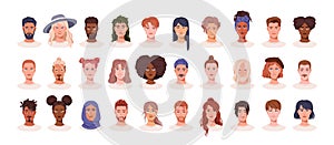 Face portraits, diverse characters avatars set. Young men, women heads, user profiles. People with different appearance