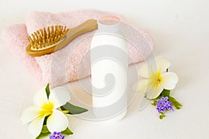 Face powder, brush comb and terry cloth health care of lifestyle woman