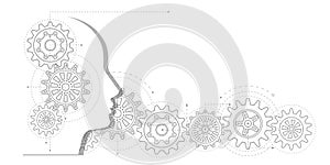 Face profile with gears.Technological concept.Innovative ideas.Rotating mechanism of round parts . Vector illustration