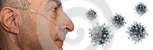Face profile of old man with nasal cannula and corona virus