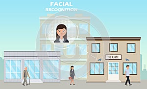 Face recognition concept. People walking street scanning by facial recognition camera. Person identification hardware.