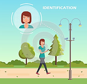 Face recognition concept. People walking street scanning by facial recognition camera. Person identification hardware.