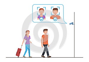 Face recognition concept. People walking street scanning by facial recognition camera. Person identification hardware.