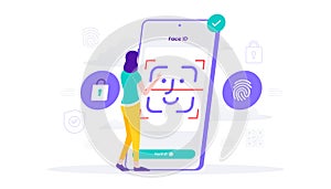 Face recognition and data safety. mobile phone users getting access to data after biometrical checking. for verification, personal