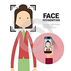 Face Recognition Hand Holding Smart Phone Scanning Woman Modern Biometrical Identification System Concept