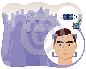 Face recognition of a man in as a cctv camera concept, identification, verification, flat vector stock illustration with guy and