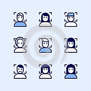 Face recognition system id icons set. Simple set of face recognition system id vector icons for web design.