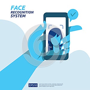 Face recognition system scanning on smartphone. facial biometric data identification security. web landing page template, banner,