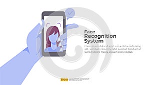 Face recognition system scanning on smartphone. facial biometric data identification security. web landing page template, banner,