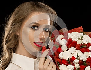 Face, red lips, strawberry, marshmallows, black background