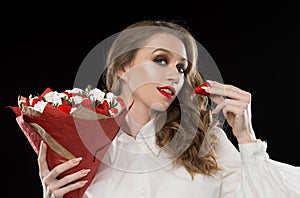 Face, red lips, strawberry, marshmallows, black background