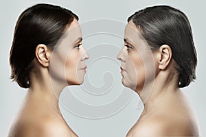 Face representing aging concept. Comparison of young and elderly age.