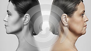 Face representing aging concept. Comparison of young and elderly age.