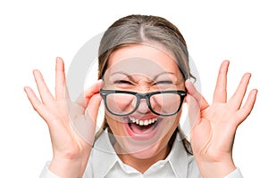 Face screaming office worker wearing glasses