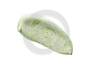 Face scrub cream texture. Green cosmetic exfoliation cleanser smear smudge isolated on white. Facial mask sample