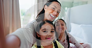 Face, selfie and mother with kids in bedroom, smile and bonding together in home. Portrait, mom and children with