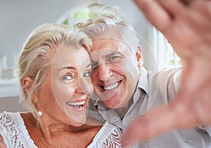 Face selfie, senior couple and love smile in retirement in home interior. Portrait, happy elderly and retired romantic