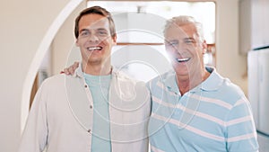 Face, senior father and man with son, happy or funny laugh together in home on lens flare. Portrait, elderly dad and