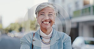 Face, senior woman and ceo in city, funny and laughing for success in career, job or smile. Portrait, elderly or happy