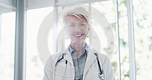 Face, senior woman and doctor for healthcare, wellness or medicine. Mature female, portrait or medical professional with