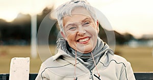 Face, senior woman and funny on park bench on vacation, holiday or travel in winter. Portrait, happy and elderly person