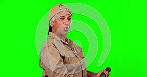 Face, senior woman and hammer on green screen in studio isolated on a background mockup. Portrait, sledgehammer and