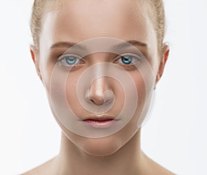 Face, serious, blue lenses, close up, white background