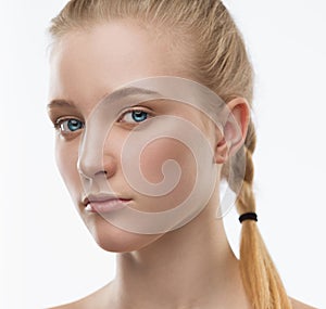 Face, serious, blue lenses, close up, white background