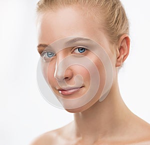 Face, serious, blue lenses, close up, white background