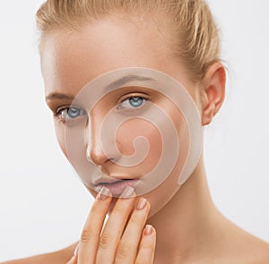 Face, serious, hands, blue lenses, close up, white background