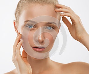 Face, serious, hands, blue lenses, close up, white background