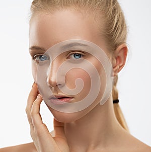 Face, serious, hands, blue lenses, close up, white background