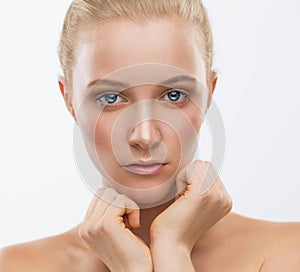 Face, serious, hands, blue lenses, close up, white background