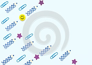 Face shaped yellow magnet, blue clips, pencil and star shaped paper stickers on white background. School and office supplies,