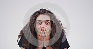 Face, shock and scared man with hands on mouth in studio isolated on a white background mockup space. Portrait, wow and