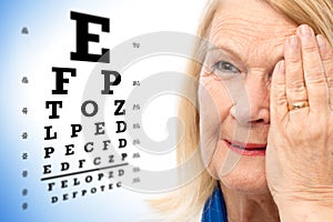 Face shot of senior woman with vision test chart.