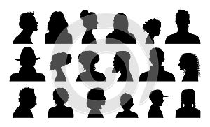 Face silhouettes. Heads in profile sides. Man and woman portraits. Boys and girls hairstyles. Business avatar