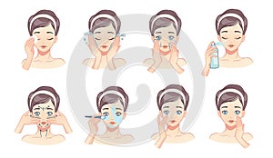 Face skin care. Cartoon young woman washing and cleaning her face with water and lotions. Vector Beaty procedures