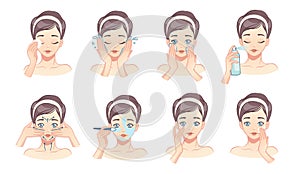 Face skin care. Cartoon young woman washing and cleaning her face with water and lotions. Vector Beaty procedures photo