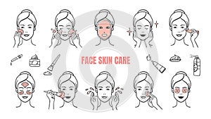 Face skin care icons. Makeup removal and dermatology infographic elements, facial masks and skincare cream. Vector hand