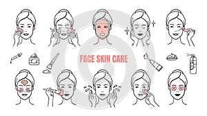 Face skin care icons. Makeup removal and dermatology infographic elements, facial masks and skincare cream. Vector hand photo