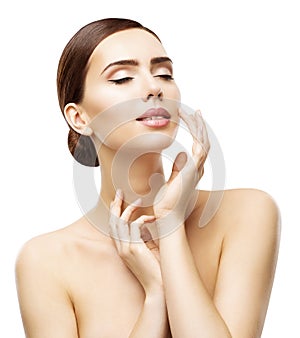 Face Skin Care and Natural Beauty Make Up, Woman Touch Lips