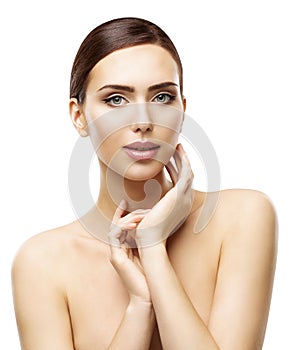 Face Skin Care and Natural Beauty Make Up, Woman Touch Neck