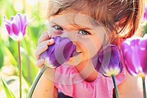 Face skincare. allergy to flowers. Springtime tulips. weather forecast. Summer girl fashion. Happy childhood. Little
