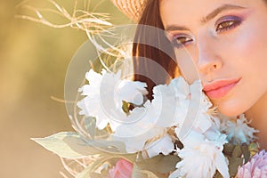 Face and skincare. Look over there. Travel in summer. Woman with fashion makeup. Spring woman. Springtime and vacation