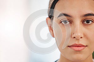 Face, skincare and portrait of Indian woman with natural beauty, healthy skin and wellness. Healthcare, dermatology and