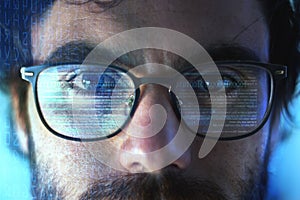 Face, smart glasses and overlay of man with futuristic hologram for cybersecurity. Portrait, iris scanner and person