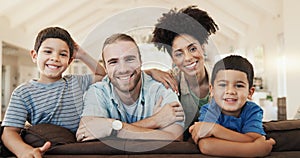 Face, smile and family in home living room, bonding and having fun together. Happy, children and portrait of parents in