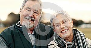 Face, smile and happy with a senior couple outdoor in a park together for a romantic date during retirement. Portrait