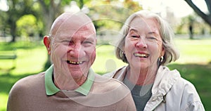 Face, smile and senior couple in park outdoor for date together, care and love. Portrait, happy elderly man and woman in